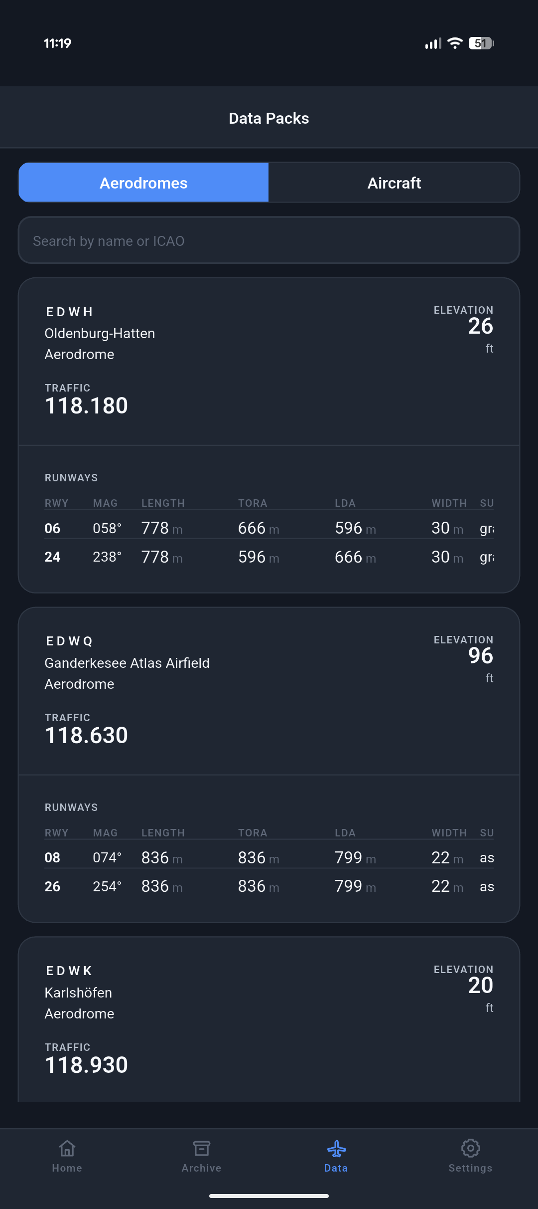 The data packs screen showing aerodromes with elevation, frequencies, and runways.