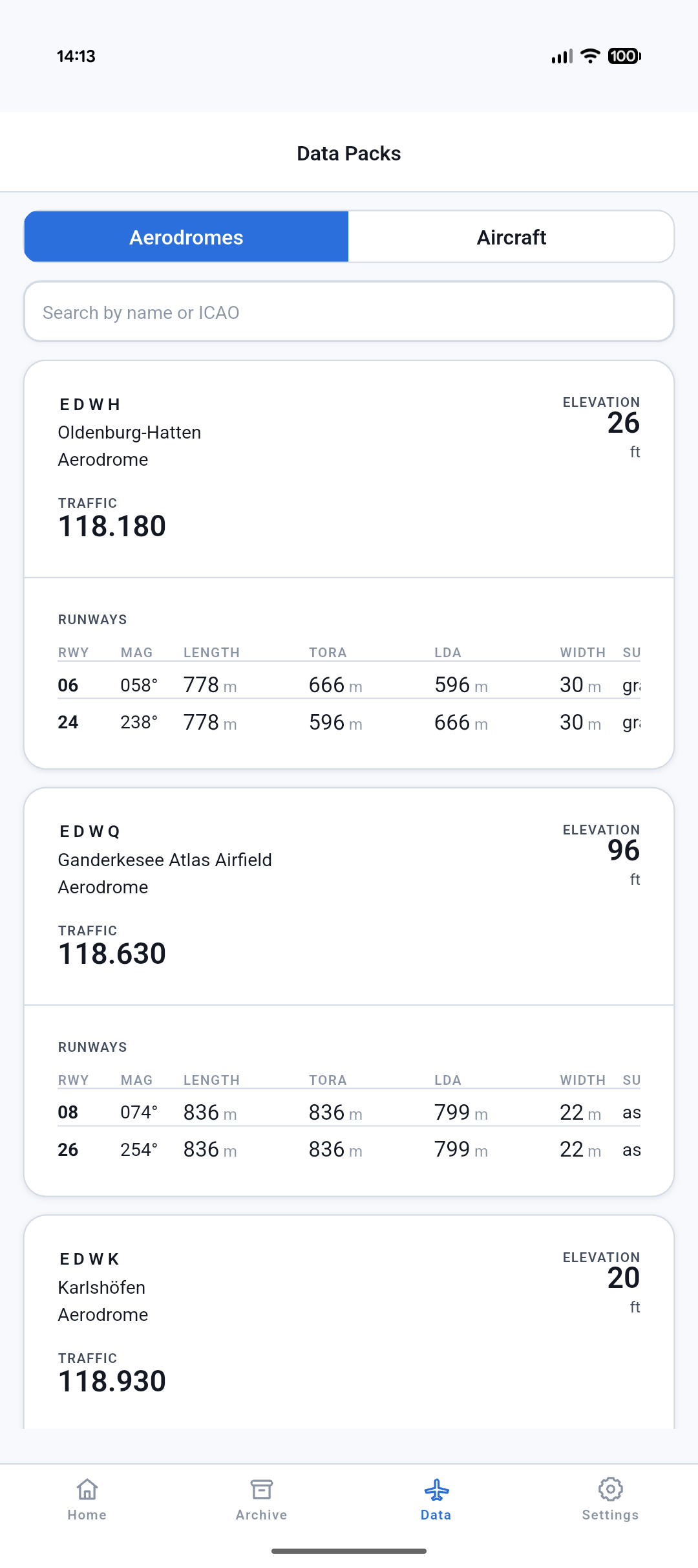 The data packs screen showing aerodromes with elevation, frequencies, and runways.