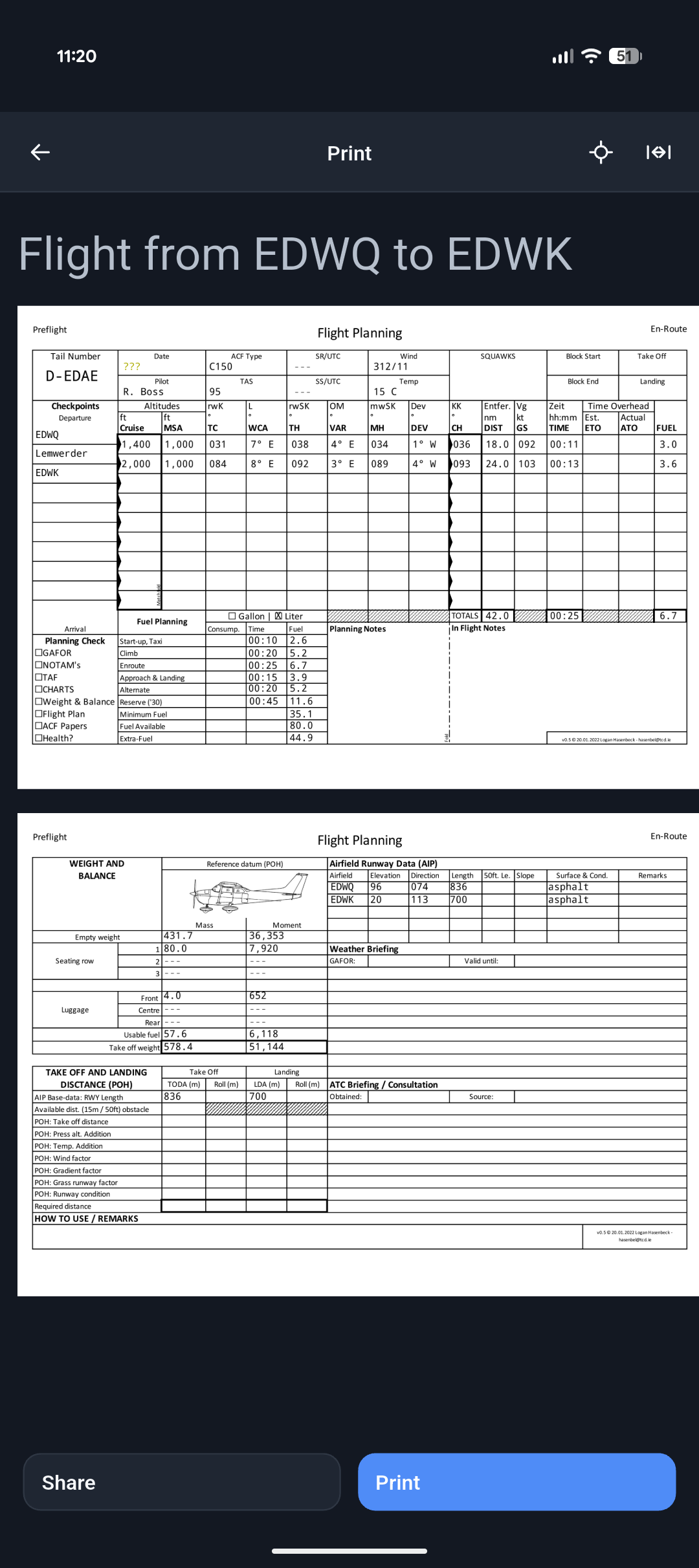 The print screen showing a kneeboard PDF for a flight from EDWQ to EDWK.