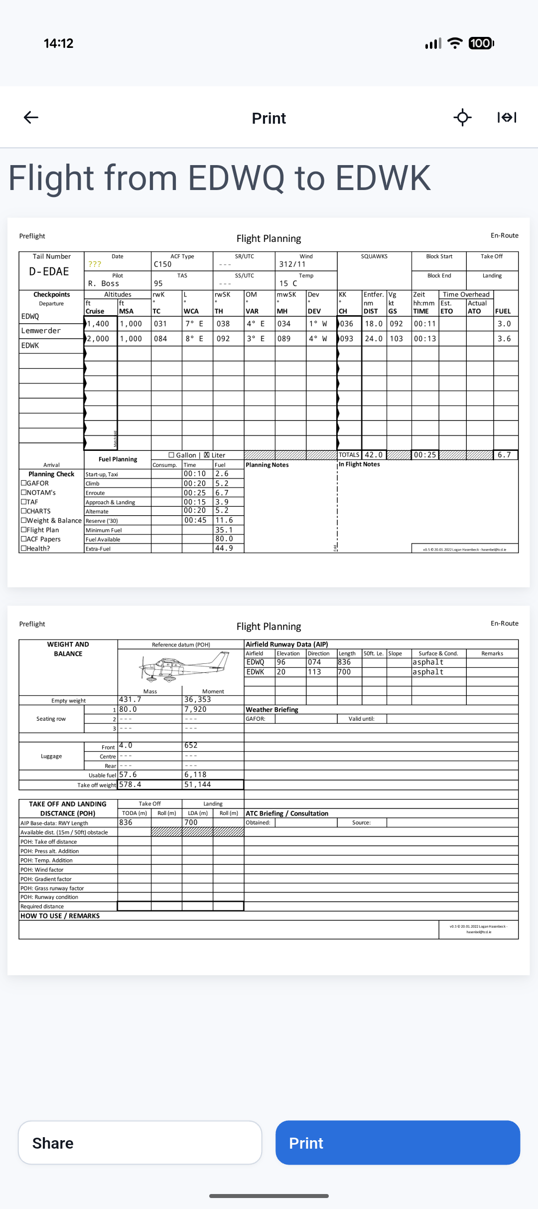 The print screen showing a kneeboard PDF for a flight from EDWQ to EDWK.